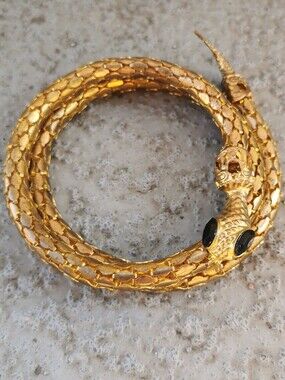 Vintage Gold Tone Coiled Snake Serpent Bracelet Black Cabochon Eyes